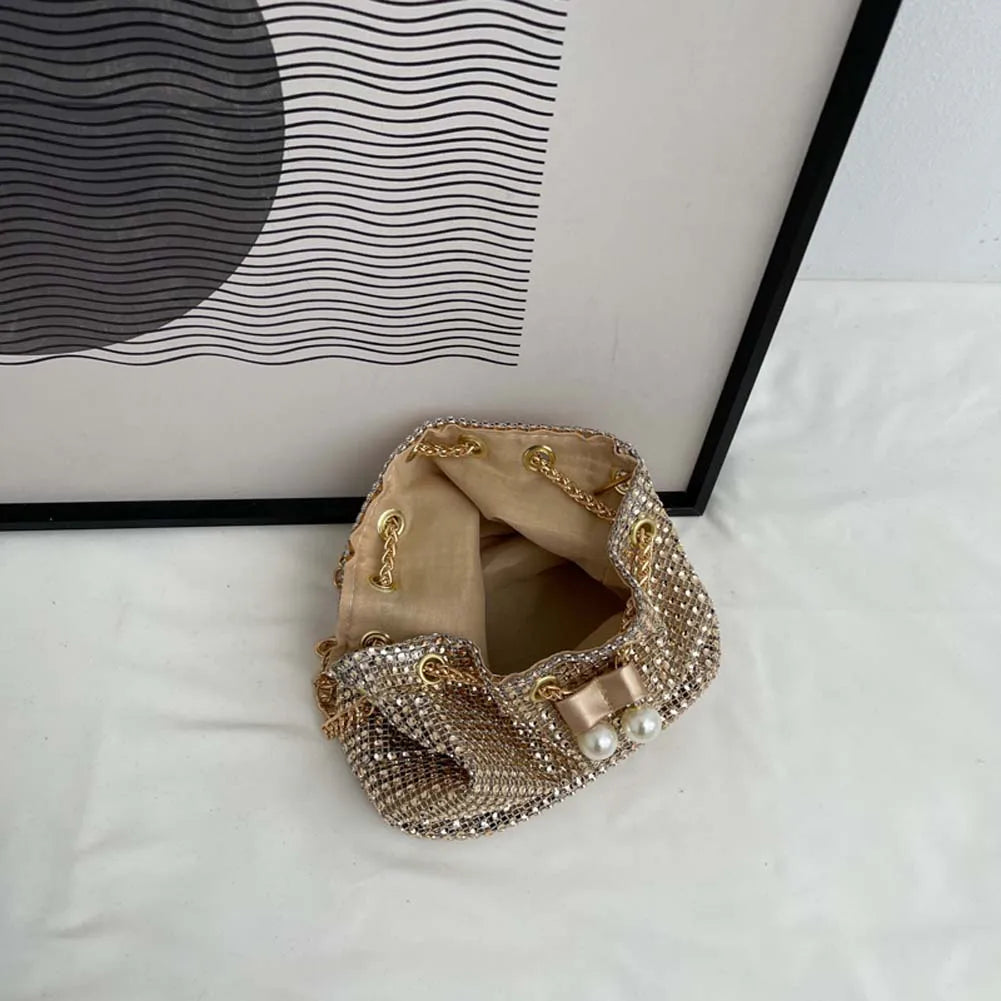 Women Chain Crossbody Bag Solid Color Rhinestone Glittering Satchel Bag Drawstring Bling Bucket Bag Female Dating Bag