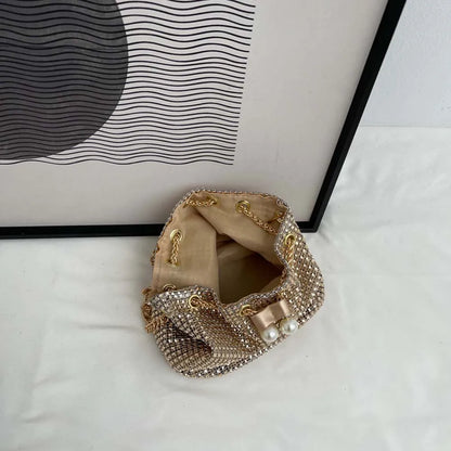 Women Chain Crossbody Bag Solid Color Rhinestone Glittering Satchel Bag Drawstring Bling Bucket Bag Female Dating Bag