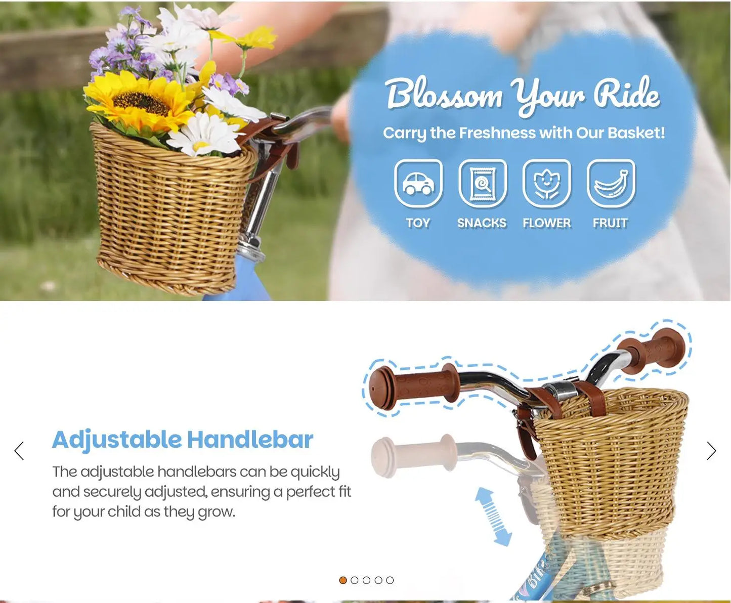 14 Inch Kids Balance Bike, Lightweight Height-adjustable Push Bike with Removable Basket and Rubber Air Tires