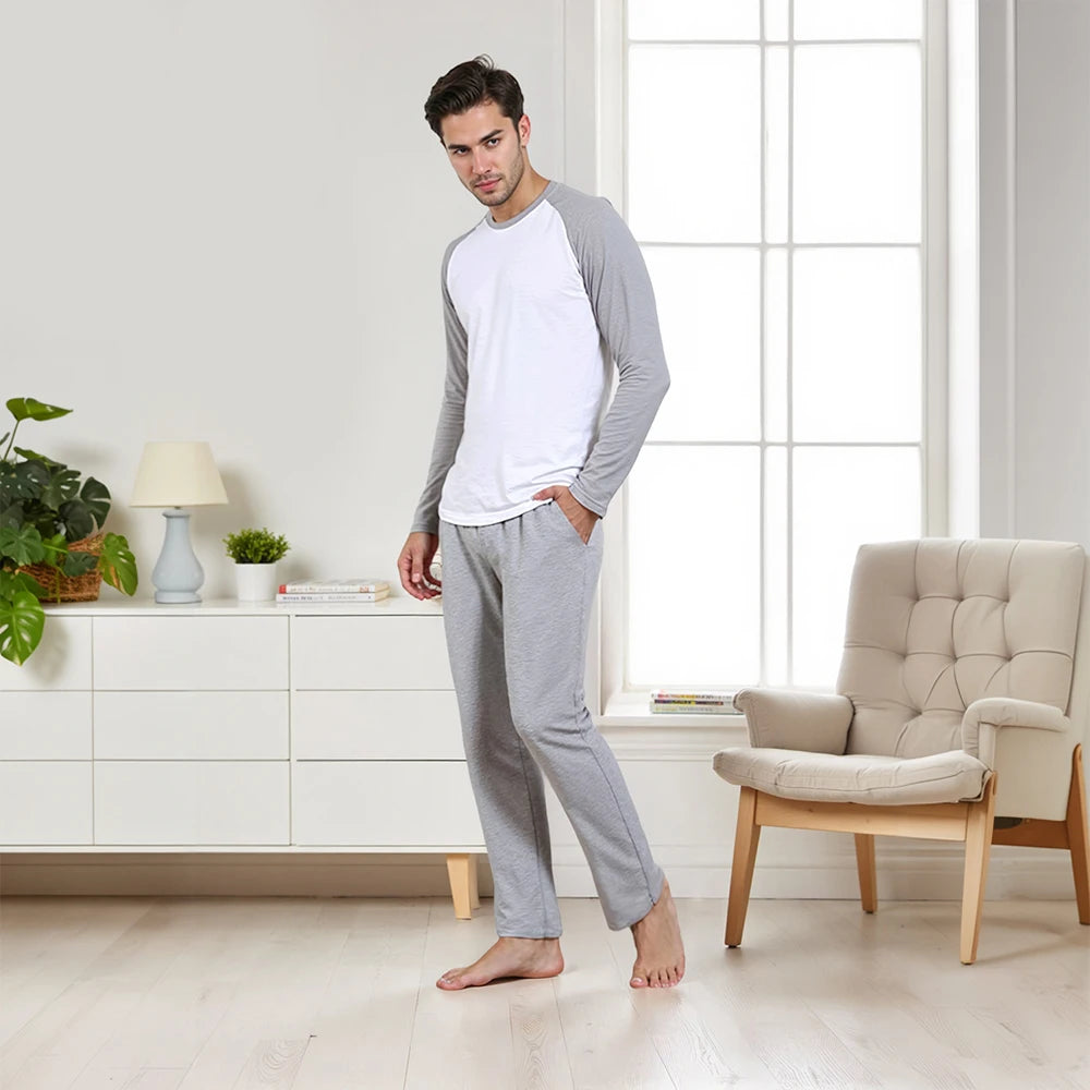 Modishion Men's Long Sleeve Cotton Pajama Set Modal Home Clothes Long Shirt Pants Pajamas