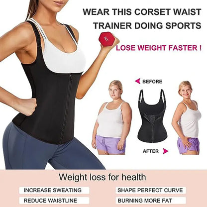 Women's Waist Trainer Sauna Sweat Vest Corset Body Shaper Neoprene Shapewear Gym Workout Tank Top Black Slimming Top with Zipper