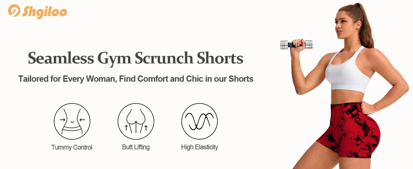 2pcs Women's High-Waist Tie-Dye Yoga Shorts - Seamless, Booty Lifting, Stretchy Nylon & Spandex Blend, Red & Grey