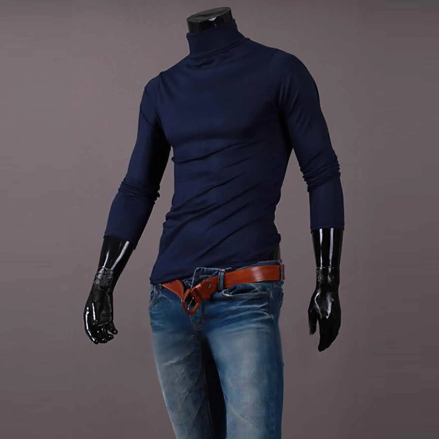 Men's Solid Color High Neck Long Sleeve Basic Top Turtleneck Slim Pullover Sweater Blouse Top