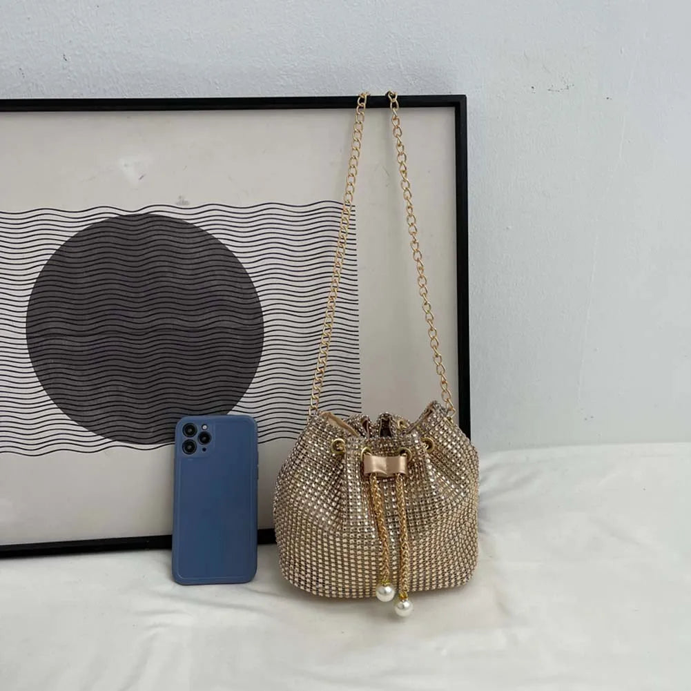 Women Chain Crossbody Bag Solid Color Rhinestone Glittering Satchel Bag Drawstring Bling Bucket Bag Female Dating Bag