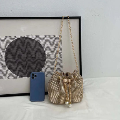 Women Chain Crossbody Bag Solid Color Rhinestone Glittering Satchel Bag Drawstring Bling Bucket Bag Female Dating Bag