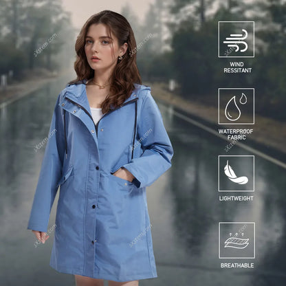【Breeins】Women Outdoor Waterproof Rain Jacket Casual Loose Hooded Windproof Climbing Jackets Coat For All Seasons