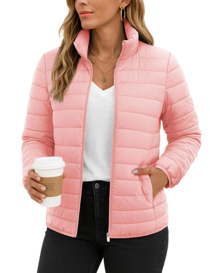 Women's Quilted Puffer Jacket Zip Up Puffer Coat Stand Collar Windbreaker Water Resistant Warm Jacket With Multiple Pockets
