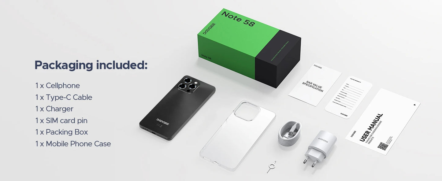 DOOGEE Note 58 Android 15 Smartphone 8GB 128GB 6.75" HD+ 90Hz IPS Screen 6250mAh Large battery NFC Widevine L1 Cell Phone