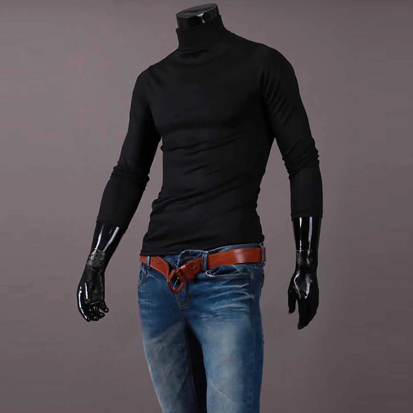 Men's Solid Color High Neck Long Sleeve Basic Top Turtleneck Slim Pullover Sweater Blouse Top