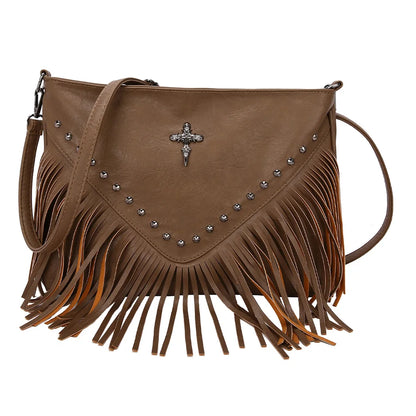 Women PU Studded Tassel Shoulder Bag Large Capacity Bohemian Messenger Bag Adjustable Strap Tassel Hobo Bag for Party Vacation