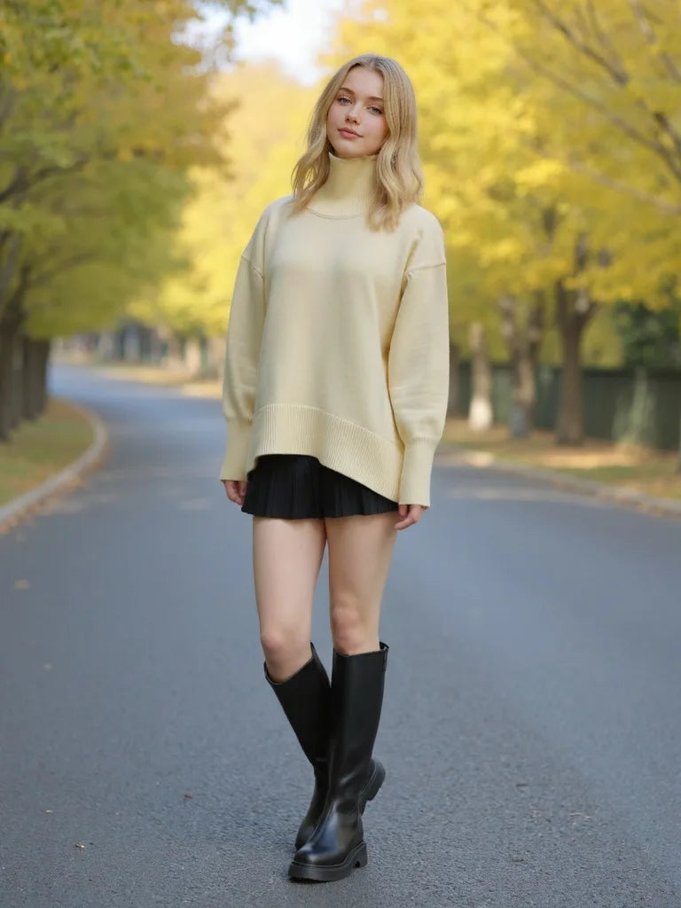 Autumn Winter Women's Pullover Sweater Solid Color Simple Casual High Neck Long Sleeve Knitte Sweaters Female Commuting Clothing