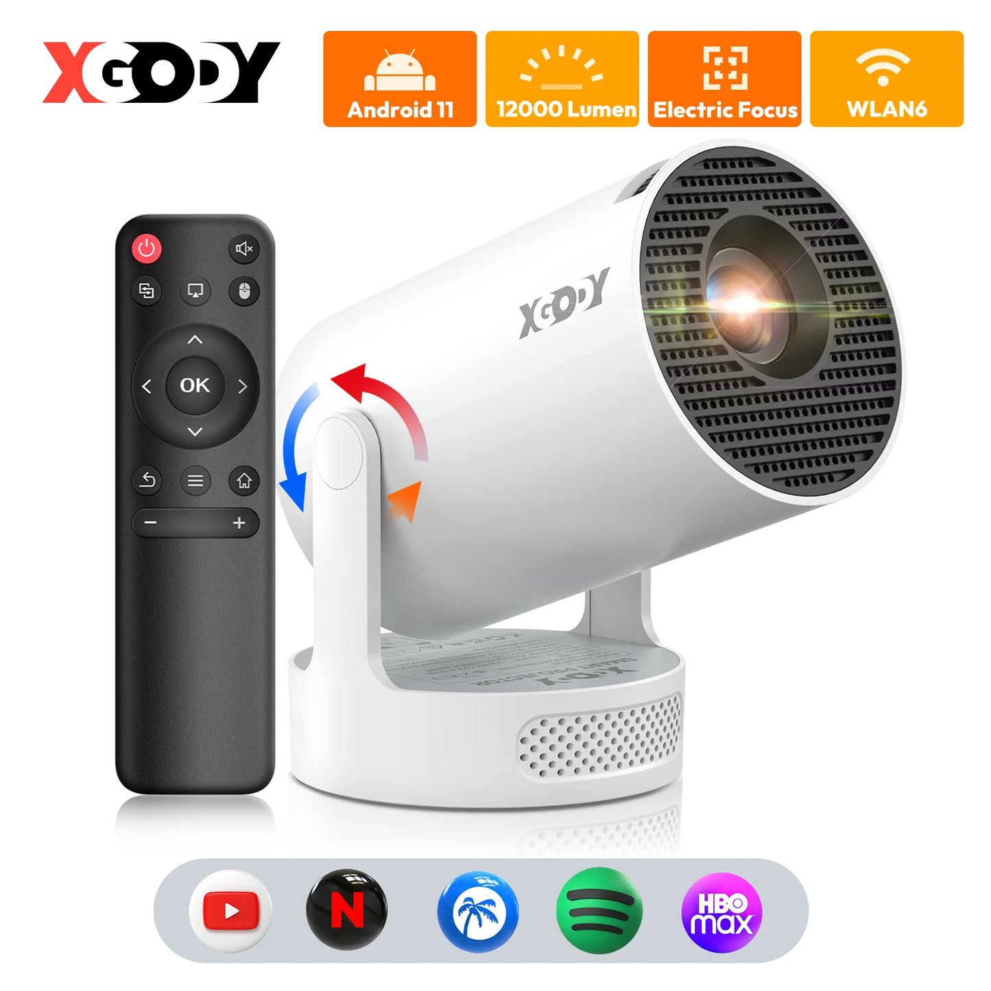 XGODY 4K HY300 Pro+ Projector Built-in 5W Speaker 1280*720P Android 11 12000 Lumens Wifi6 BT5.4 Portable Outdoor Projector