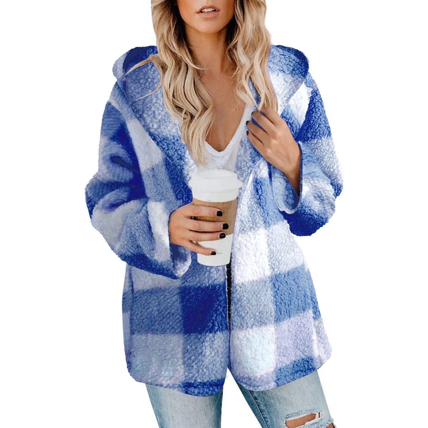 Loose Long Sleeve Plush Plaid Hooded Pocket Zipper Jacket Fashion Winter Warm Fuzzy Cardigan For Female
