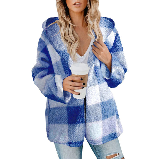 Loose Long Sleeve Plush Plaid Hooded Pocket Zipper Jacket Fashion Winter Warm Fuzzy Cardigan For Female