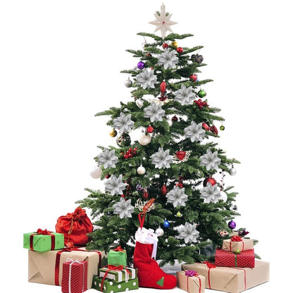 24 Pcs Christmas Tree Flower Decorations Glitter Artificial Flower Ornaments Christmas New Year Party Holiday Home Decoration