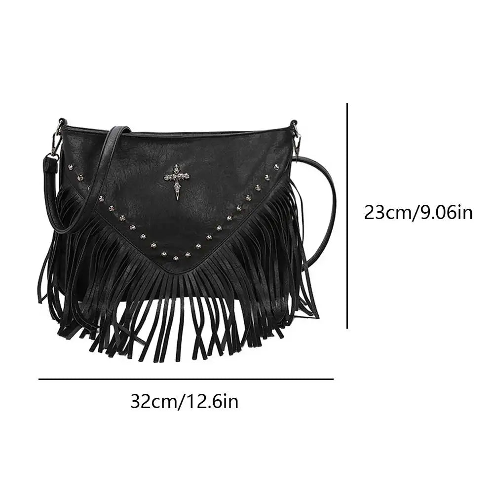 Women PU Studded Tassel Shoulder Bag Large Capacity Bohemian Messenger Bag Adjustable Strap Tassel Hobo Bag for Party Vacation