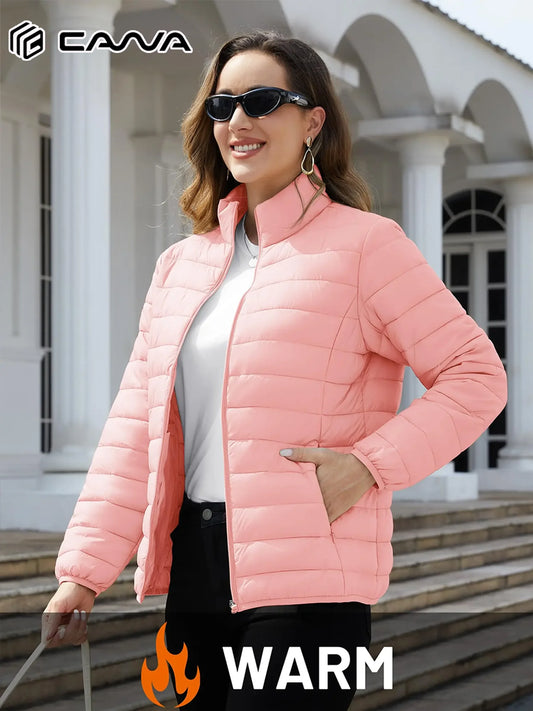 Women's Quilted Puffer Jacket Zip Up Puffer Coat Stand Collar Windbreaker Water Resistant Warm Jacket With Multiple Pockets