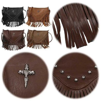 Women PU Studded Tassel Shoulder Bag Large Capacity Bohemian Messenger Bag Adjustable Strap Tassel Hobo Bag for Party Vacation