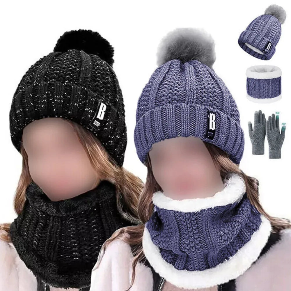 Womens Girls Thick Knit Hat Scarf and Touchscreen Gloves Set Knitted Winter Gift