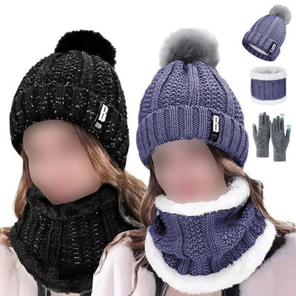 Womens Girls Thick Knit Hat Scarf and Touchscreen Gloves Set Knitted Winter Gift