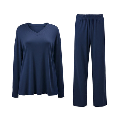 Modishion Women's V-neck long-sleeved pajamas home wear set loose and comfortable simple and fashionable Sleepwear