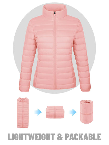 Women's Quilted Puffer Jacket Zip Up Puffer Coat Stand Collar Windbreaker Water Resistant Warm Jacket With Multiple Pockets