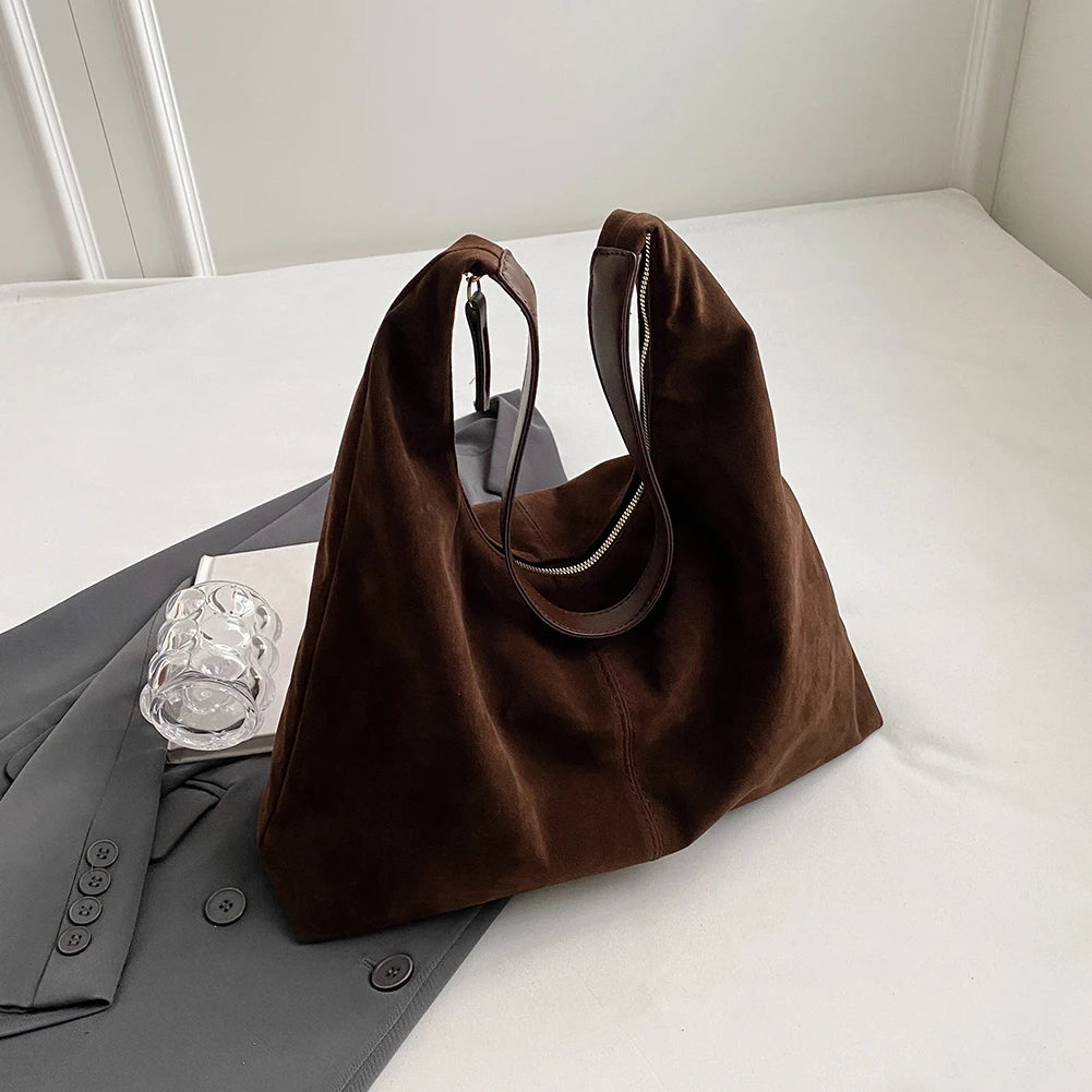 Women Suede Tote Bag with Hobo Bag Large Capacity Underarm Bag Solid Slouchy Bag Commuter Travel Bag