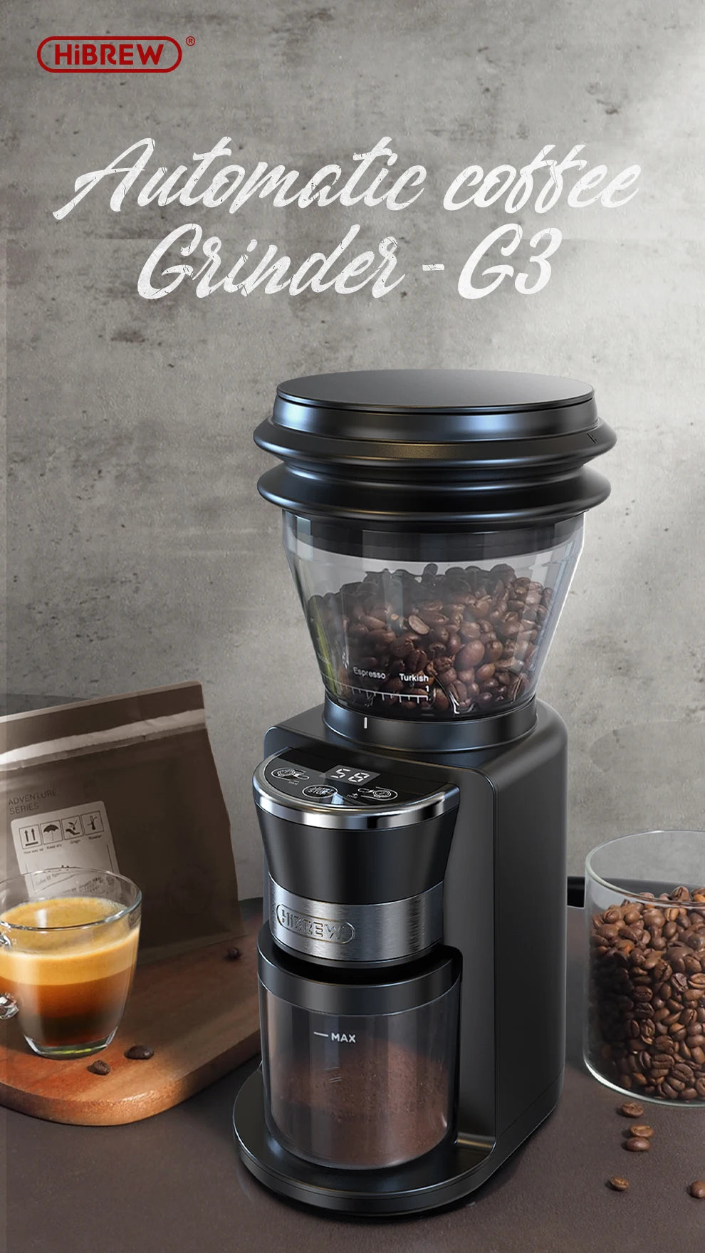 HiBREW Automatic Burr Mill Electric Coffee Grinder with 31 Gears for Espresso American Coffee Pour Over Visual Bean Storage G3