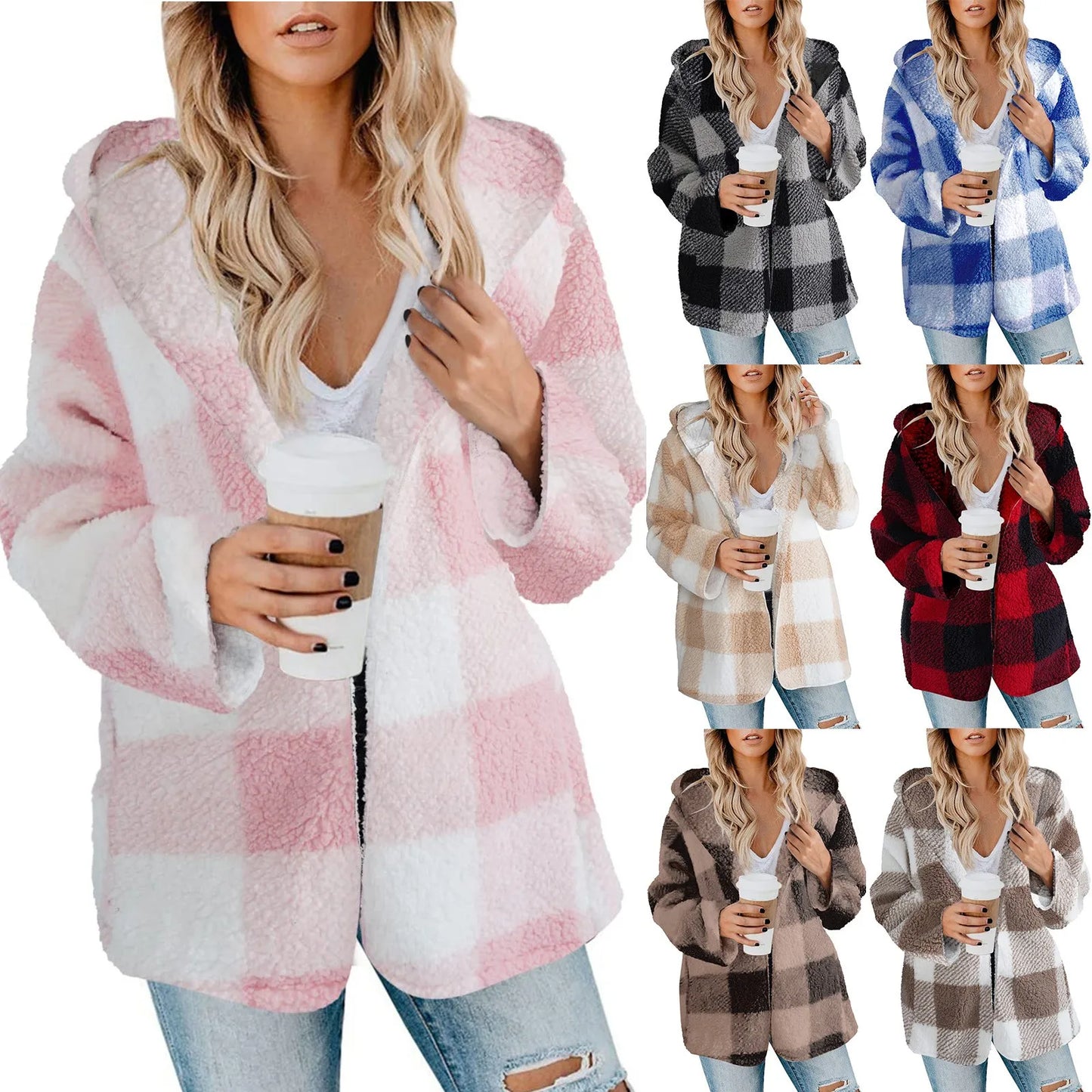 Loose Long Sleeve Plush Plaid Hooded Pocket Zipper Jacket Fashion Winter Warm Fuzzy Cardigan For Female