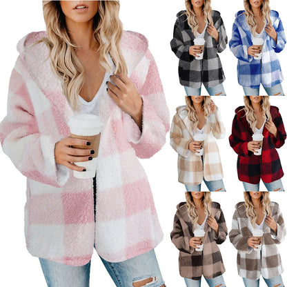 Loose Long Sleeve Plush Plaid Hooded Pocket Zipper Jacket Fashion Winter Warm Fuzzy Cardigan For Female
