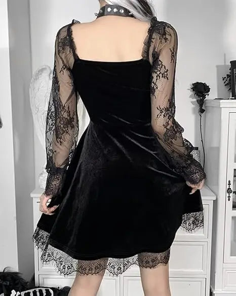 MEOWCOS Women Dark Retro Style Velvet Long Sleeves Dress Elegant Lace Dresses Cocktail Dress Party Evening Moon Pendant Dress