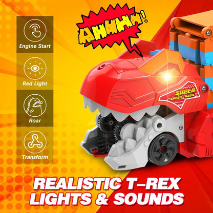Dinosaur 3-In-1 Transport Truck Car Toys for Boys Age 3+ 8 Race Cars Ejection Folding Portable Track Toy with Sound for Kids