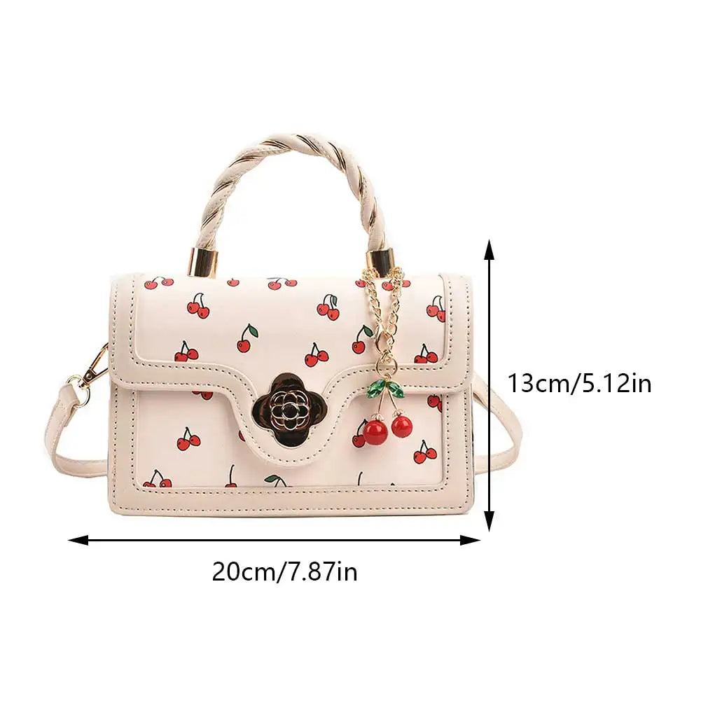 Women Cherry Square Chain Bag PU Leather Fashion Small Satchel Bag Versatile Cherry Pattern Sling Bag Female Daily Commute Bag