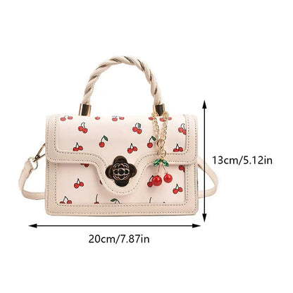 Women Cherry Square Chain Bag PU Leather Fashion Small Satchel Bag Versatile Cherry Pattern Sling Bag Female Daily Commute Bag