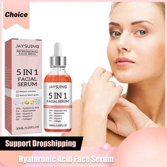 Jaysuing Hyaluronic Acid Face Serum 5 In 1 Moisturizing Whiten-ing Anti Wrink-le Agin-g Vitamin C Shrink Pores Serum Skin Care