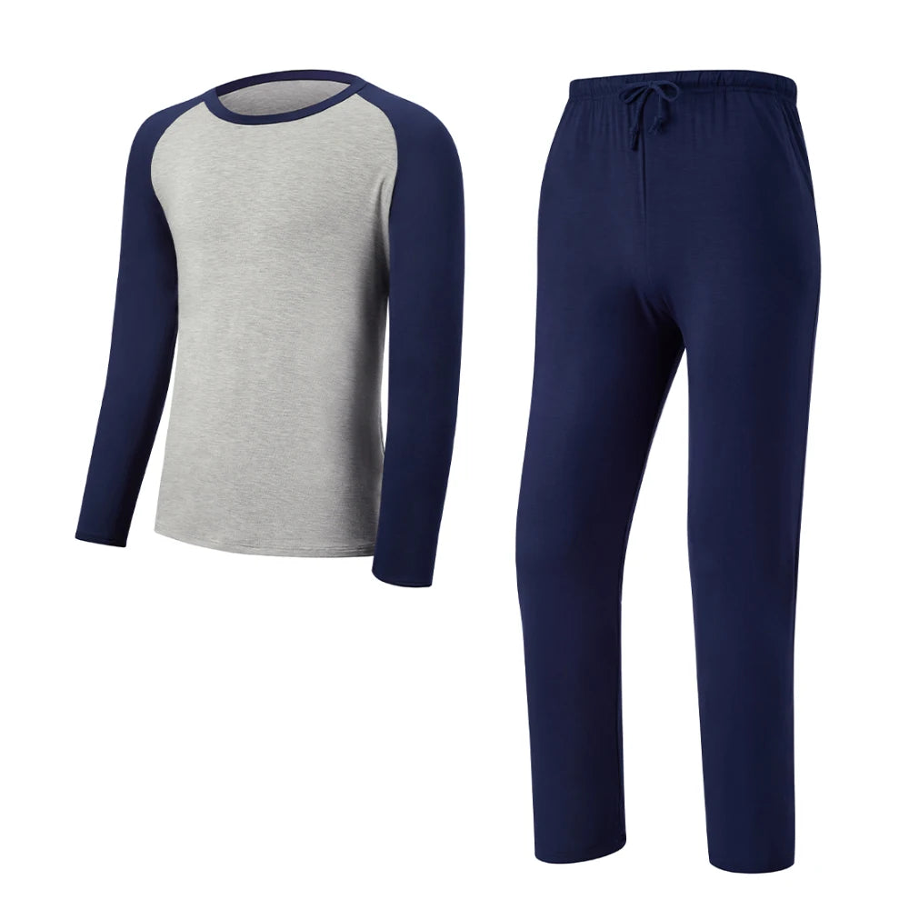 Modishion Men's Long Sleeve Cotton Pajama Set Modal Home Clothes Long Shirt Pants Pajamas