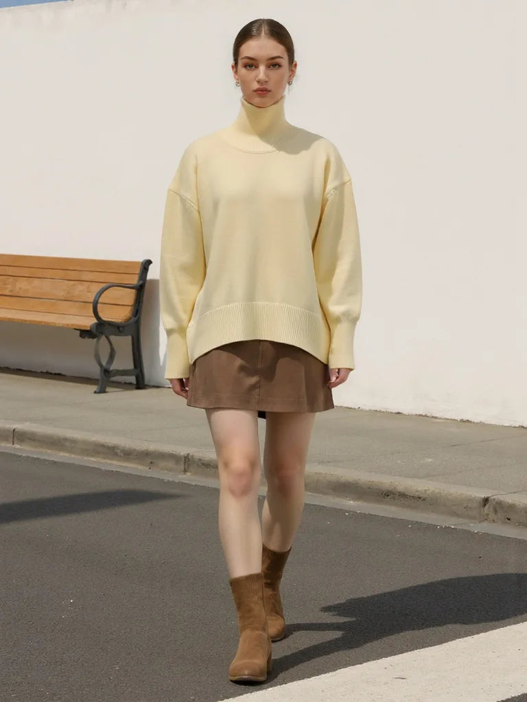 Autumn Winter Women's Pullover Sweater Solid Color Simple Casual High Neck Long Sleeve Knitte Sweaters Female Commuting Clothing