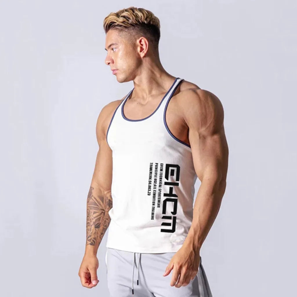 Summer Tight Letter Embroidered Fashion Casual Deep Round Neck Sleeveless Outdoor Running Fitness Sports Tank Top For Male