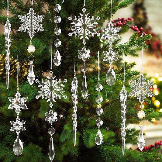 10Pcs Crystal Christmas Tree Ornaments Acrylic Snowflake Icicle Drop Crystal Hangings Decorative for Xmas Tree
