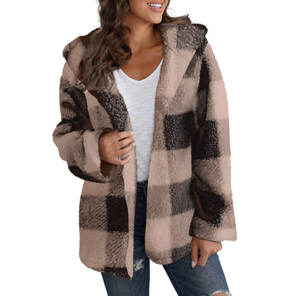 Loose Long Sleeve Plush Plaid Hooded Pocket Zipper Jacket Fashion Winter Warm Fuzzy Cardigan For Female