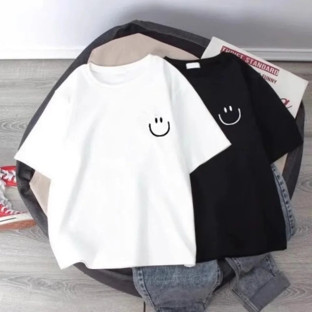 Pure white smiling face children's short-sleeved T-shirt loose basic summer versatile base dressing fresh and simple