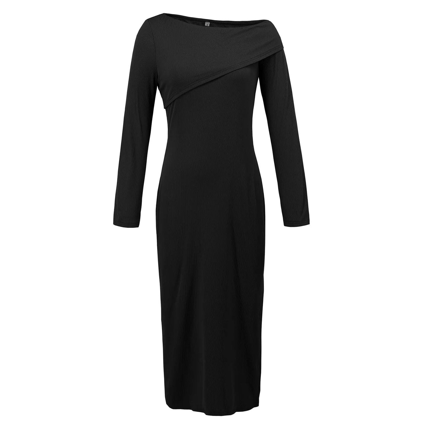 Women's Fashion Sexy Slant Shoulder Ribbed Knit Dress Slit Long Sleeve Wrap Hip Dress Solid Color Slim Streetwear Skirt