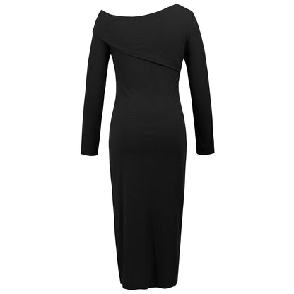 Women's Fashion Sexy Slant Shoulder Ribbed Knit Dress Slit Long Sleeve Wrap Hip Dress Solid Color Slim Streetwear Skirt