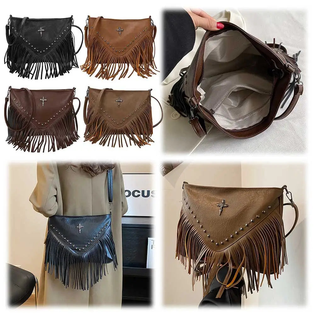 Women PU Studded Tassel Shoulder Bag Large Capacity Bohemian Messenger Bag Adjustable Strap Tassel Hobo Bag for Party Vacation
