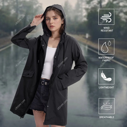 【Breeins】Women Outdoor Waterproof Rain Jacket Casual Loose Hooded Windproof Climbing Jackets Coat For All Seasons