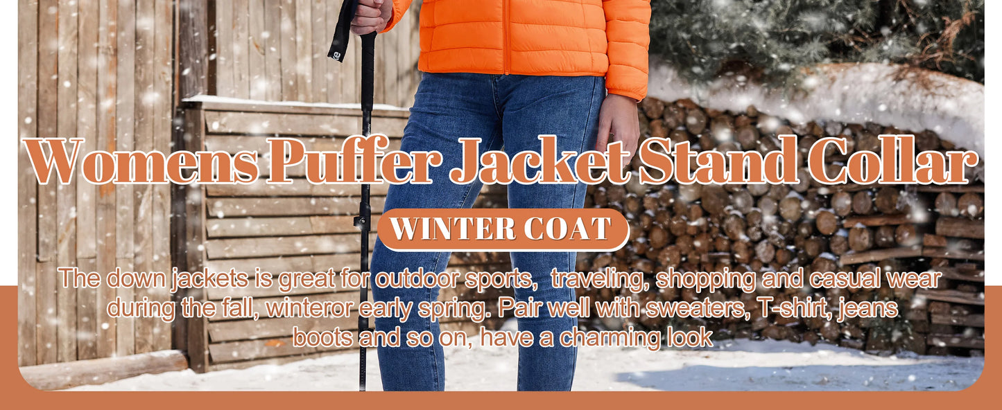 Women's Quilted Puffer Jacket Zip Up Puffer Coat Stand Collar Windbreaker Water Resistant Warm Jacket With Multiple Pockets