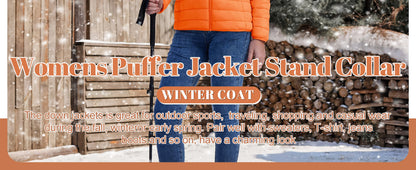 Women's Quilted Puffer Jacket Zip Up Puffer Coat Stand Collar Windbreaker Water Resistant Warm Jacket With Multiple Pockets