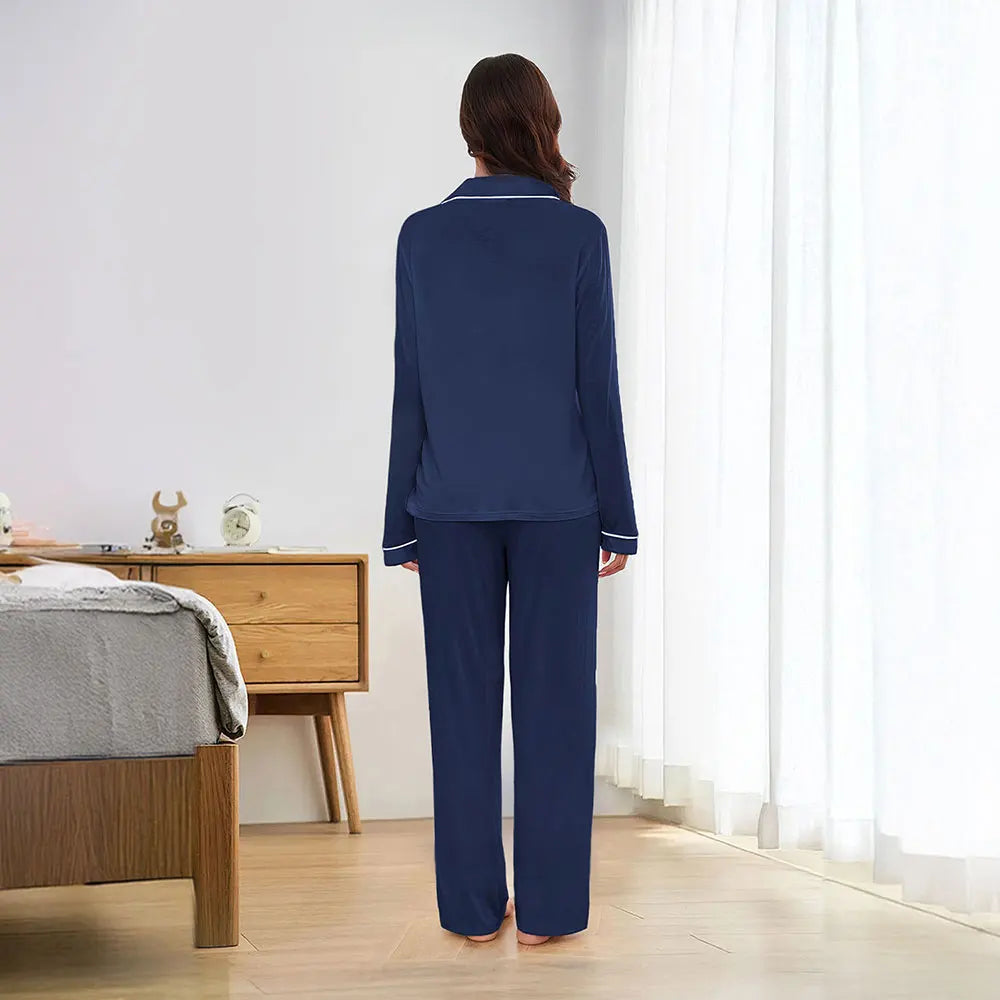 Modishion Long Sleeve Lapel Pajamas Solid Color Loungewear Set Button Top and Pants Women's Sleepwear Loungewear