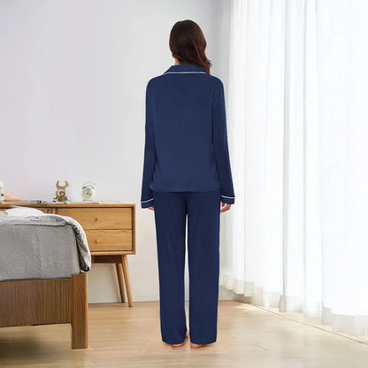 Modishion Long Sleeve Lapel Pajamas Solid Color Loungewear Set Button Top and Pants Women's Sleepwear Loungewear