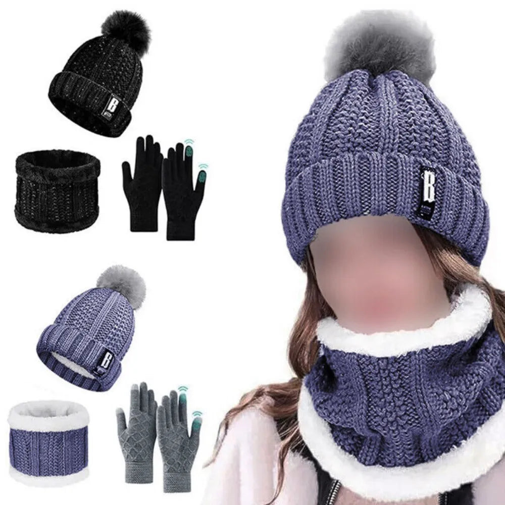 Womens Girls Thick Knit Hat Scarf and Touchscreen Gloves Set Knitted Winter Gift